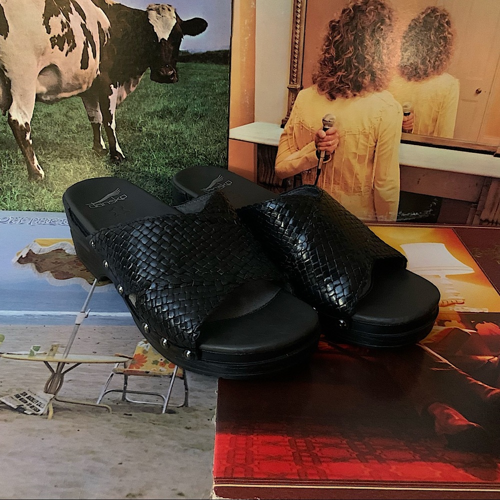 Dansko Mila Black Criss Cross Woven Leather Platform Slides Sandals, Size 40